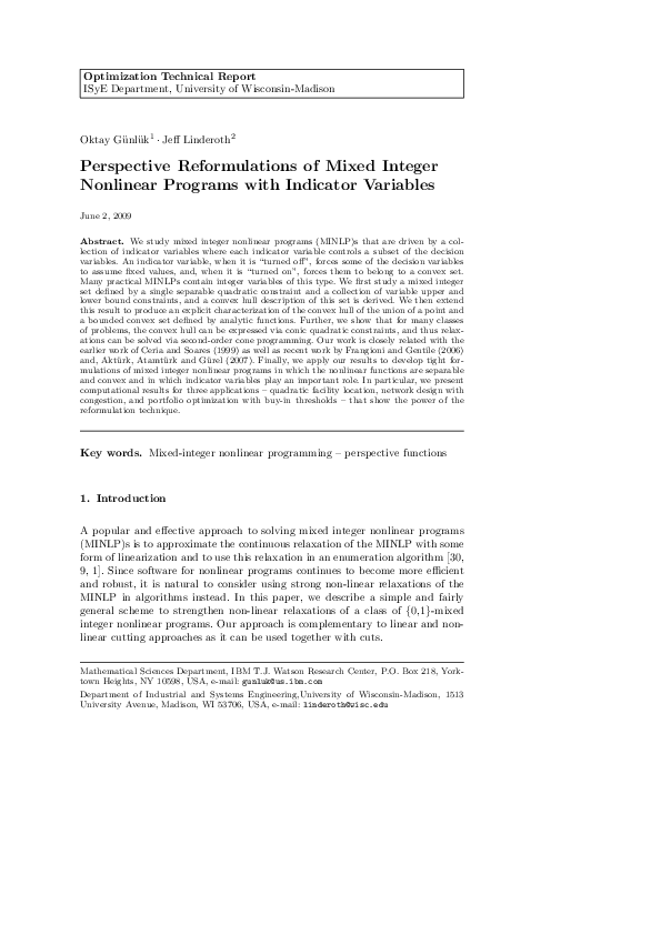 (PDF) Perspective reformulations of mixed integer nonlinear programs ...