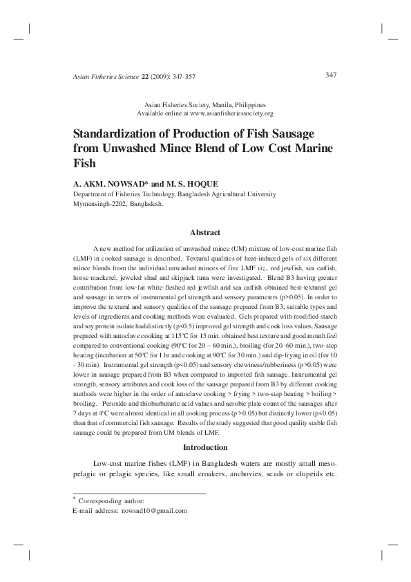 (PDF) Standardization of Production of Fish Sausage from Unwashed Mince