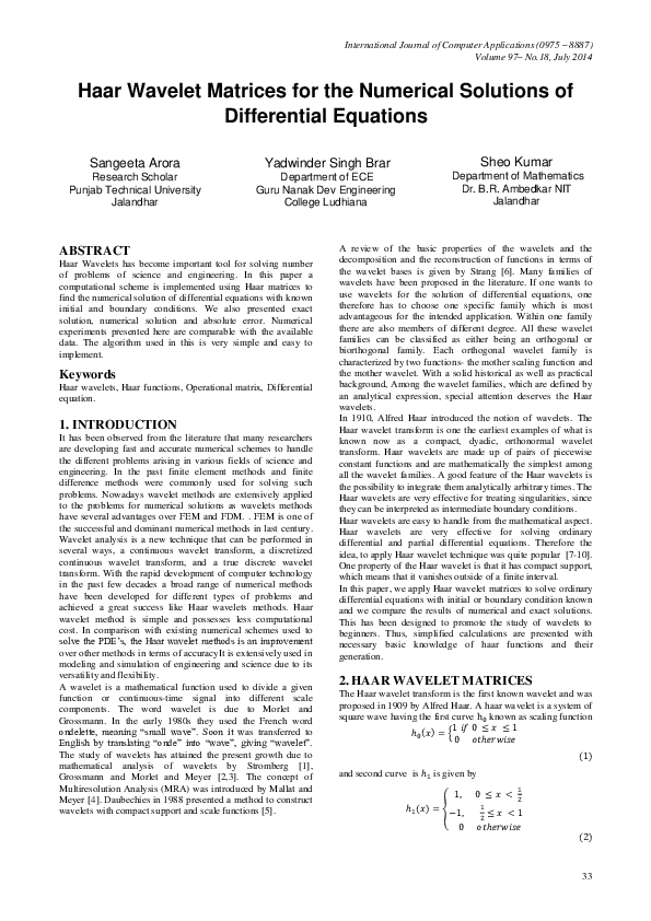 (PDF) Haar Wavelet Matrices for the Numerical Solutions of Differential ...