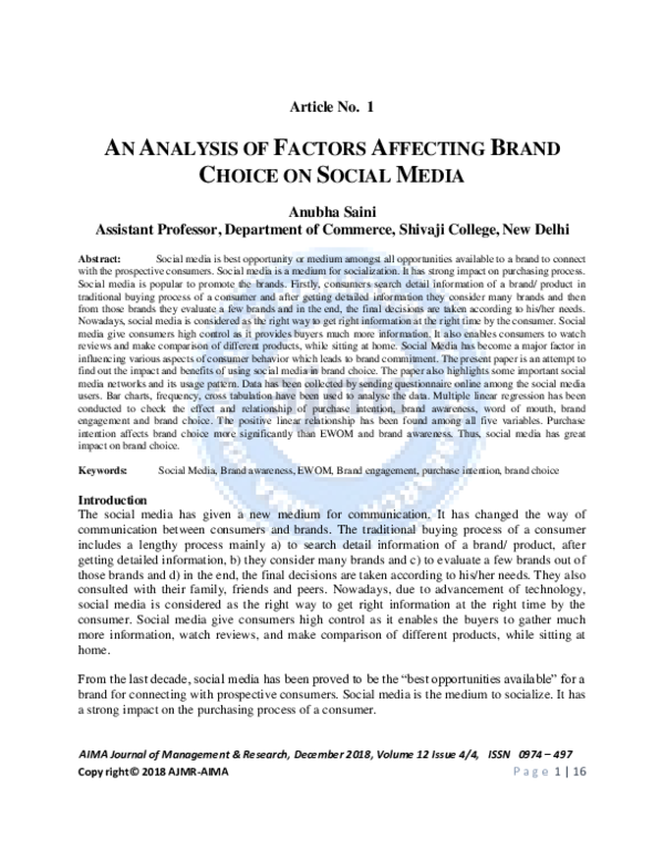 (PDF) AN ANALYSIS OF FACTORS AFFECTING BRAND CHOICE ON SOCIAL MEDIA