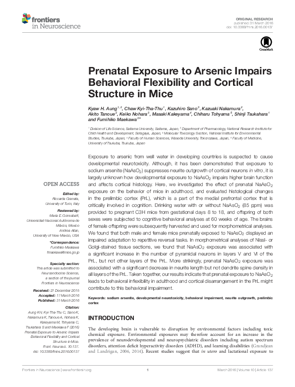 (PDF) Prenatal Exposure to Arsenic Impairs Behavioral Flexibility and ...