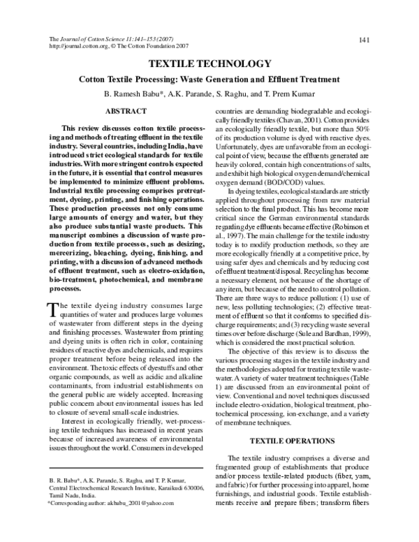 (PDF) TEXTILE TECHNOLOGY Cotton Textile Processing Waste Generation