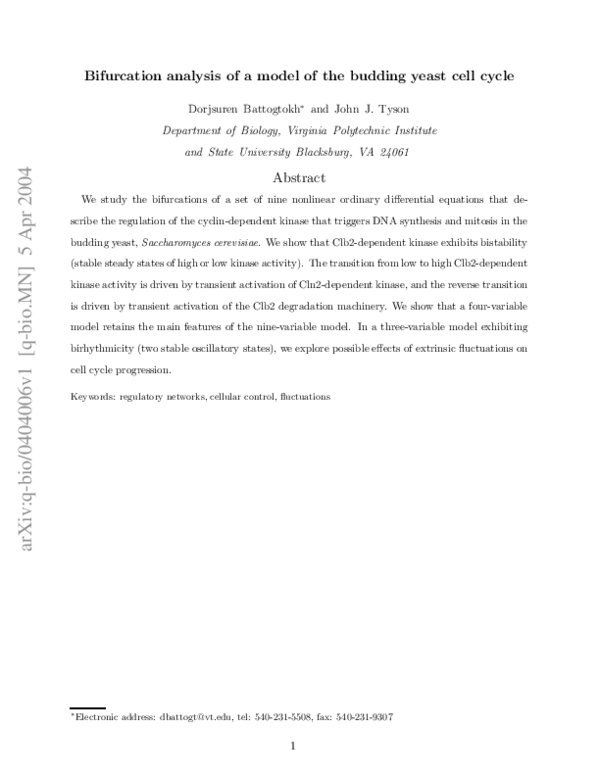 (PDF) Bifurcation analysis of a model of the budding yeast cell cycle