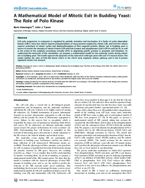 (PDF) A Mathematical Model of Mitotic Exit in Budding Yeast: The Role ...