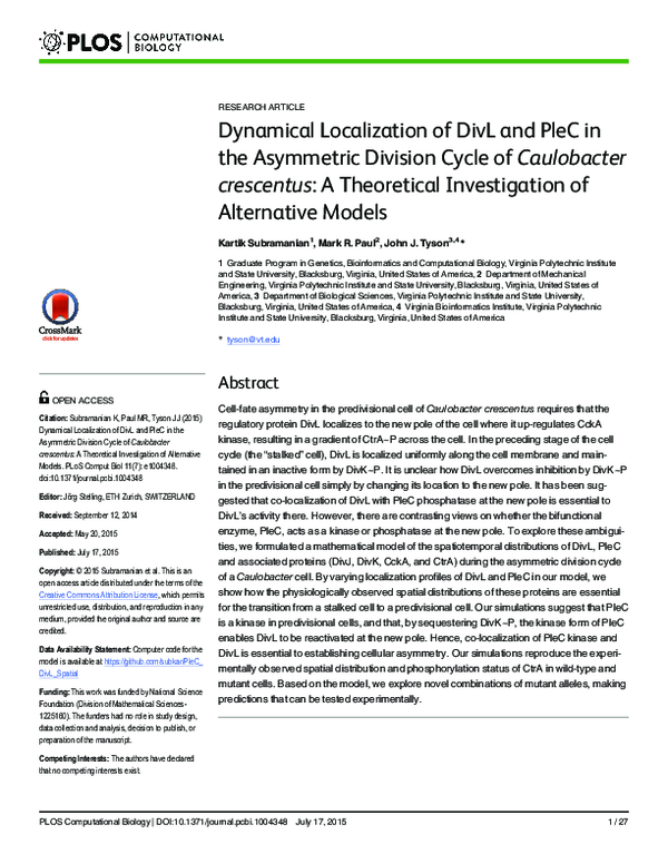 (PDF) Dynamical Localization of DivL and PleC in the Asymmetric ...