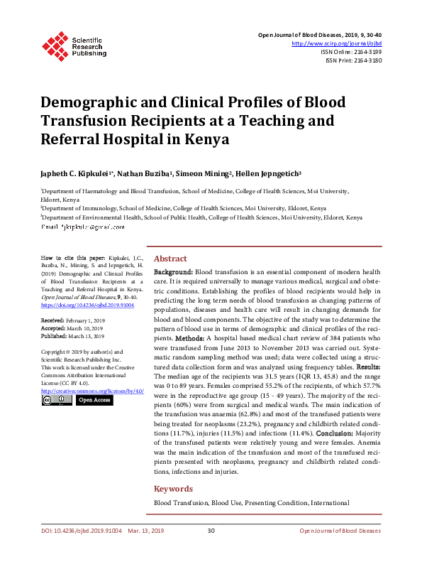 (PDF) Demographic and Clinical Profiles of Blood Transfusion Recipients ...