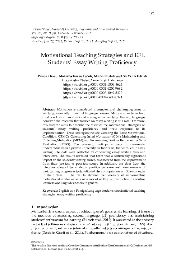 Pdf Motivational Teaching Strategies And Efl Students Essay Writing