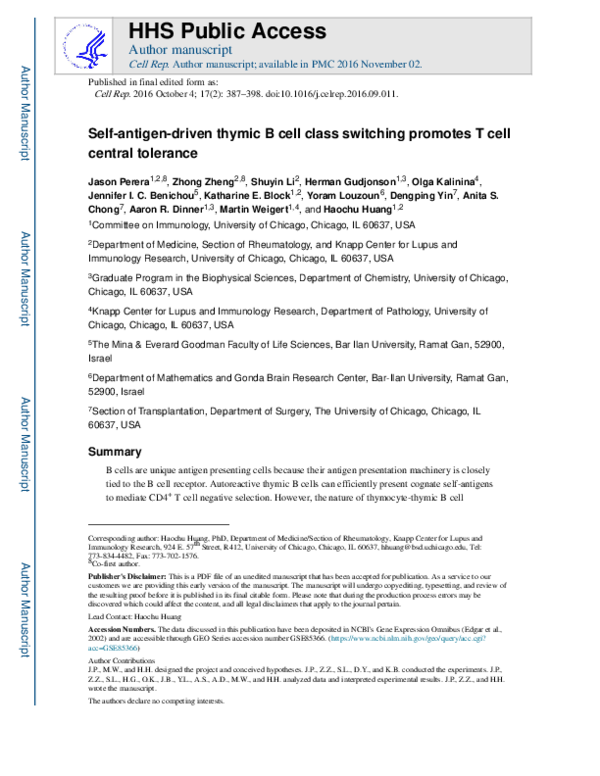 (PDF) Self-Antigen-Driven Thymic B Cell Class Switching Promotes T Cell ...