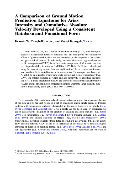 (PDF) A Comparison of Ground Motion Prediction Equations for Arias ...