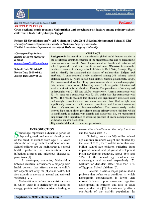 (PDF) Cross sectional study to assess Malnutrition and associated risk ...
