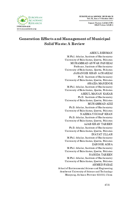 (PDF) Generation Effects and Management of Municipal Solid Waste: A Review