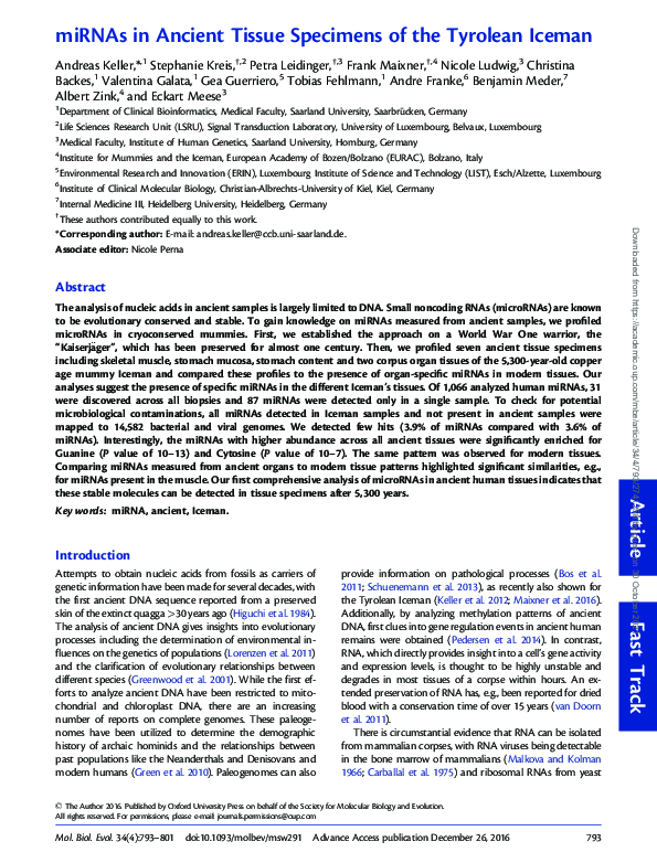(PDF) miRNAs in Ancient Tissue Specimens of the Tyrolean Iceman