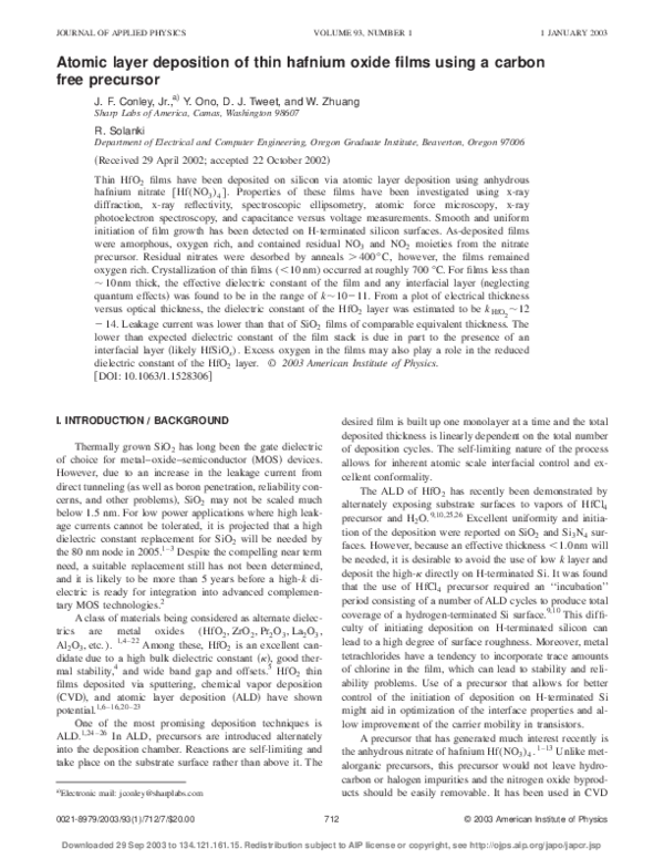 (PDF) Atomic layer deposition of thin hafnium oxide films using a ...