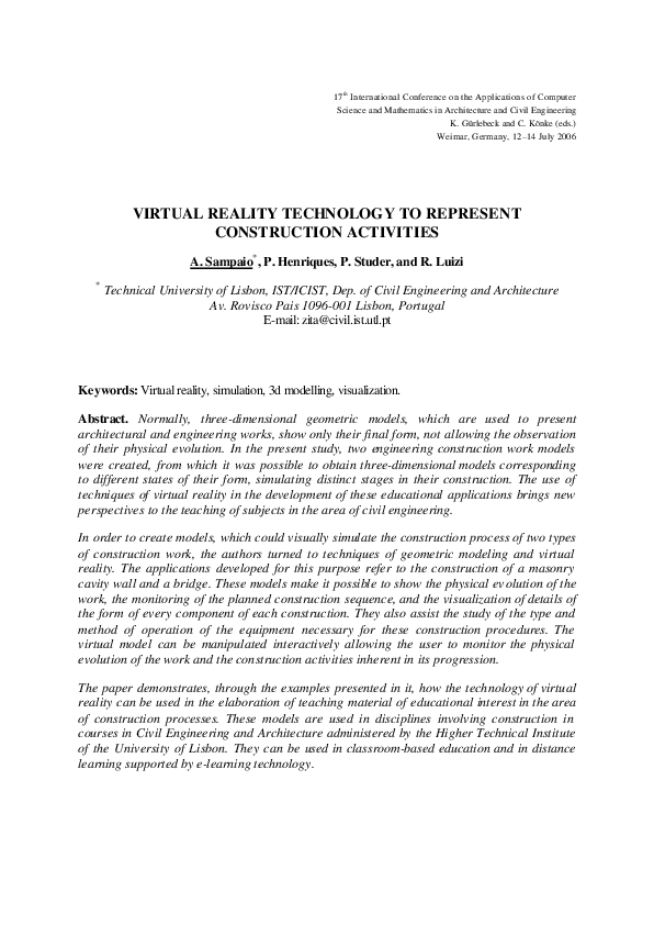 (PDF) Virtual Reality Technology to Represent Construction Activities