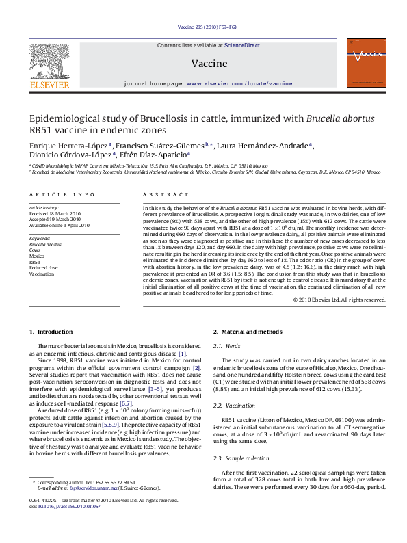 (PDF) Epidemiological study of Brucellosis in cattle, immunized with ...
