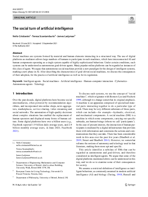 (PDF) The social turn of artificial intelligence