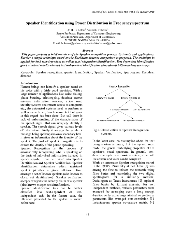 (PDF) Speaker Identification using Power Distribution in Frequency Spectrum