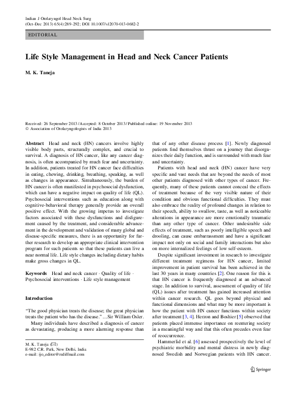 (PDF) Life style management in head and neck cancer patients