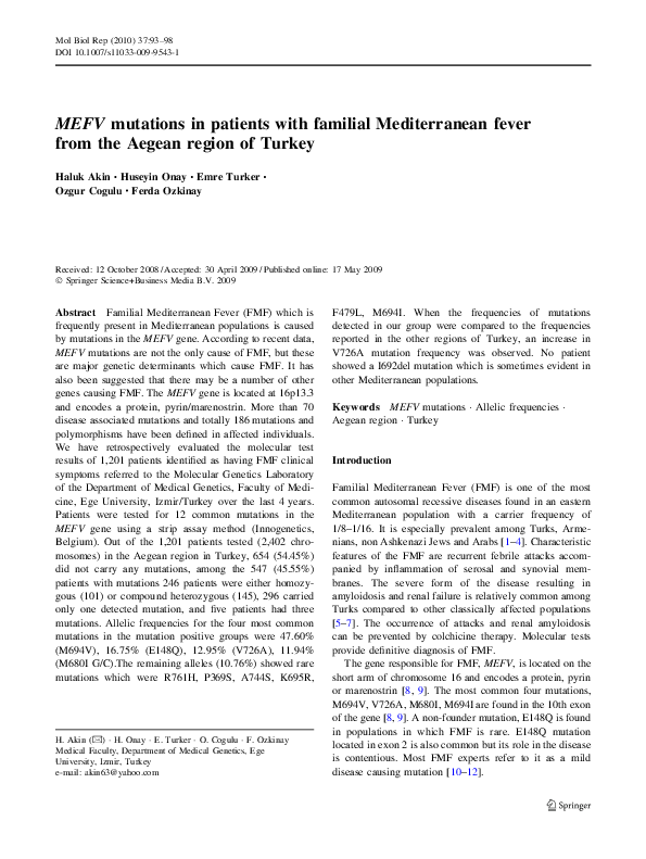 (PDF) MEFV mutations in patients with familial Mediterranean fever from ...
