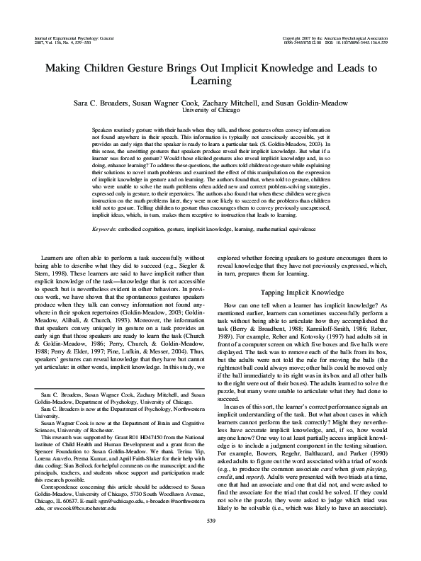 (PDF) Making children gesture brings out implicit knowledge and leads ...