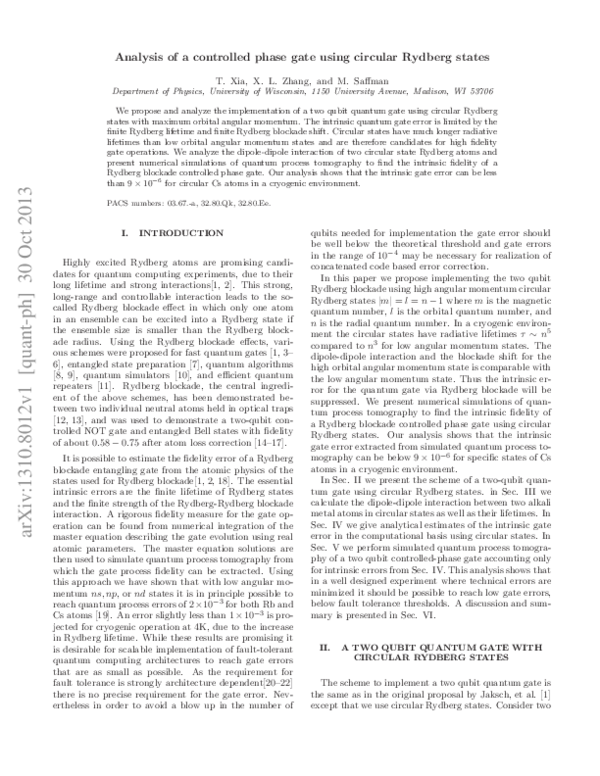 (PDF) Analysis of a controlled phase gate using circular Rydberg states