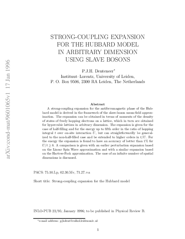 (PDF) Strong-coupling expansion for the Hubbard model in arbitrary ...