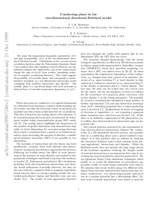 (PDF) Conducting Phase in the Two-Dimensional Disordered Hubbard Model