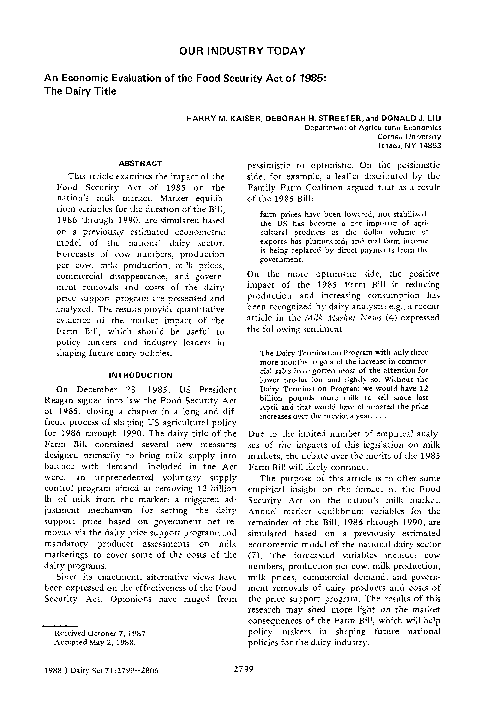 (PDF) An Economic Evaluation of the Food Security Act of 1985: The Dairy Title