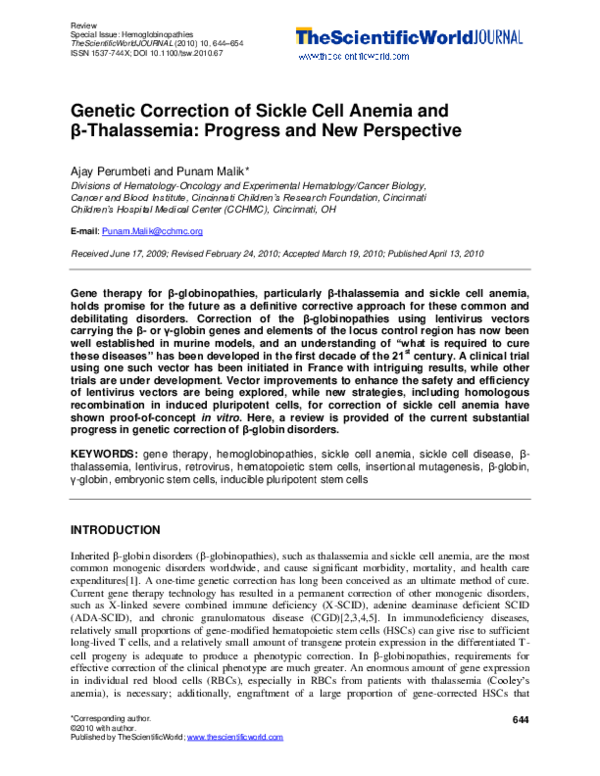 (PDF) Genetic Correction of Sickle Cell Anemia and β-Thalassemia ...