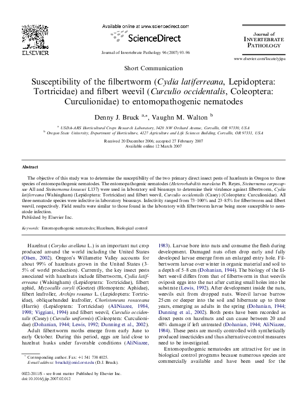 (PDF) Susceptibility of the filbertworm ( Cydia latiferreana