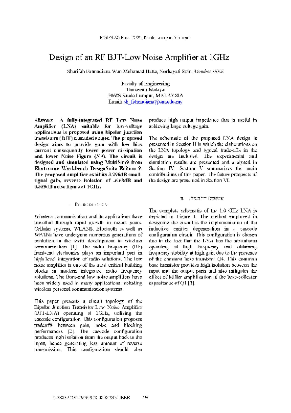 (PDF) Design of an RF BJT-Low Noise Amplifier at 1GHz