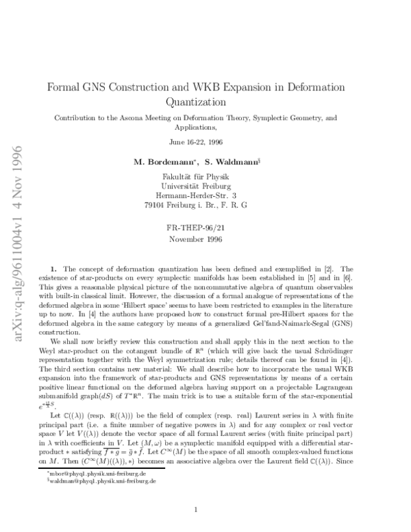 (PDF) Formal GNS construction and WKB expansion in deformation quantization