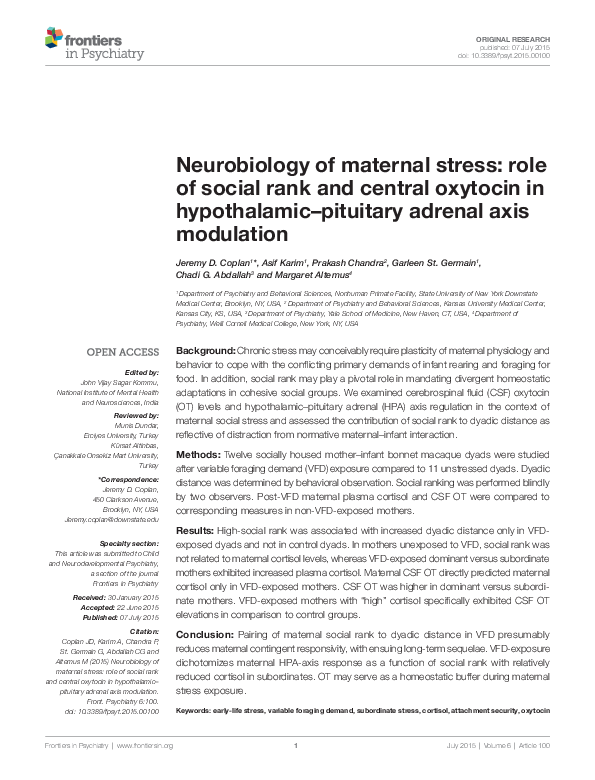 (PDF) Neurobiology of Maternal Stress: Role of Social Rank and Central ...