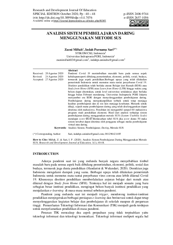 (PDF) Analisis Sistem Pembelajaran Daring Menggunakan Metode Sus ...