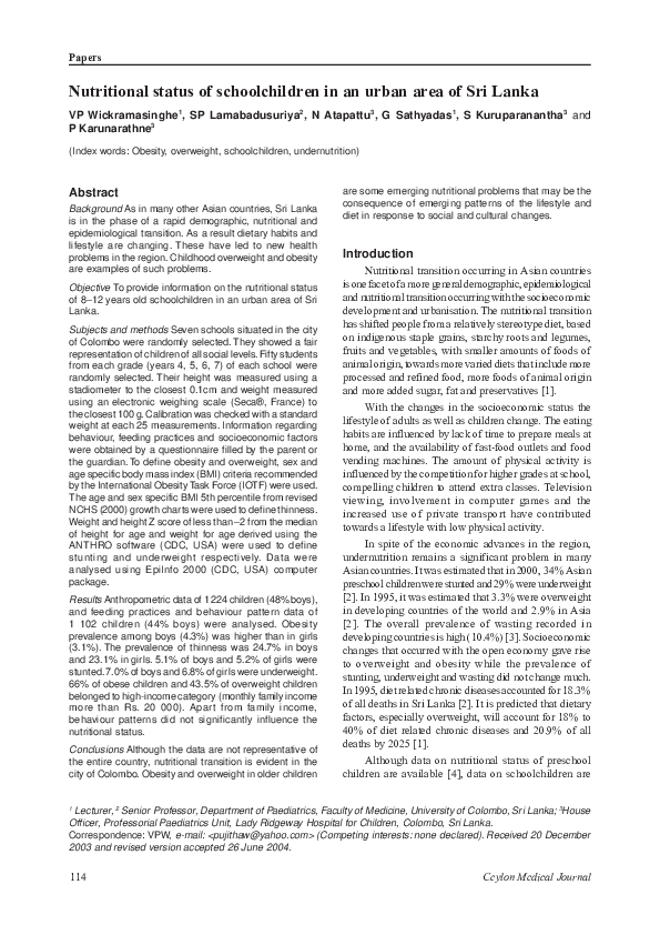 (PDF) Nutritional status of schoolchildren in an urban area of Sri Lanka