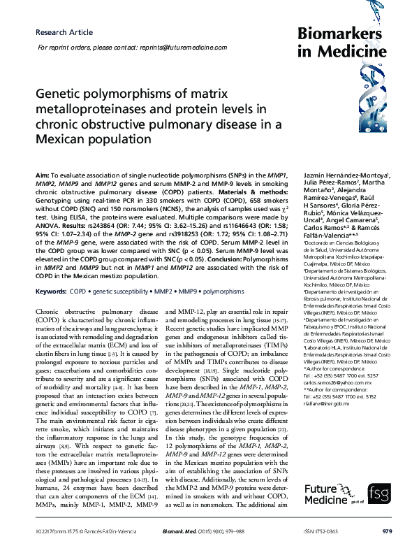 (PDF) Genetic polymorphisms of matrix metalloproteinases and protein ...