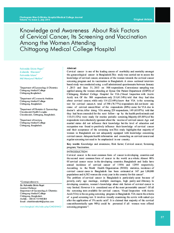 (PDF) Knowledge and Awareness About Risk Factors of Cervical Cancer ...