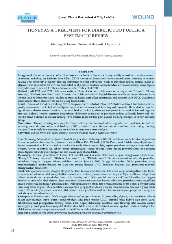 (PDF) Honey as a Treatment for Diabetic Foot Ulcer A Systematic Review