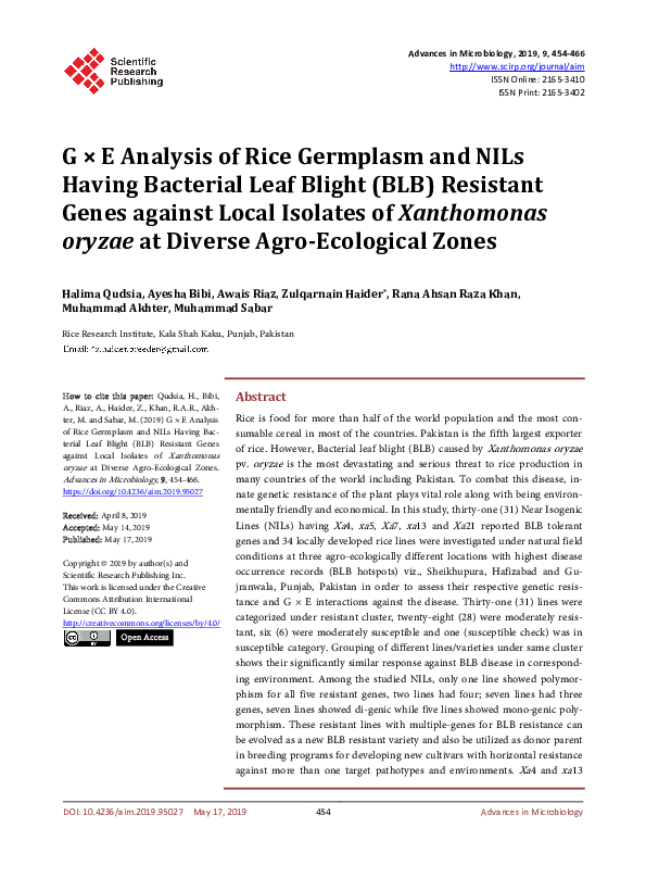 (PDF) G × E Analysis of Rice Germplasm and NILs Having Bacterial Leaf ...