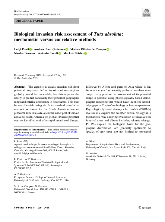 (PDF) Biological invasion risk assessment of Tuta absoluta: mechanistic ...