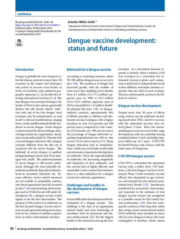 (PDF) Dengue vaccine development: status and future