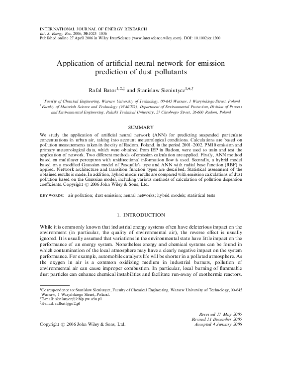 (PDF) Application of artificial neural network for emission prediction ...
