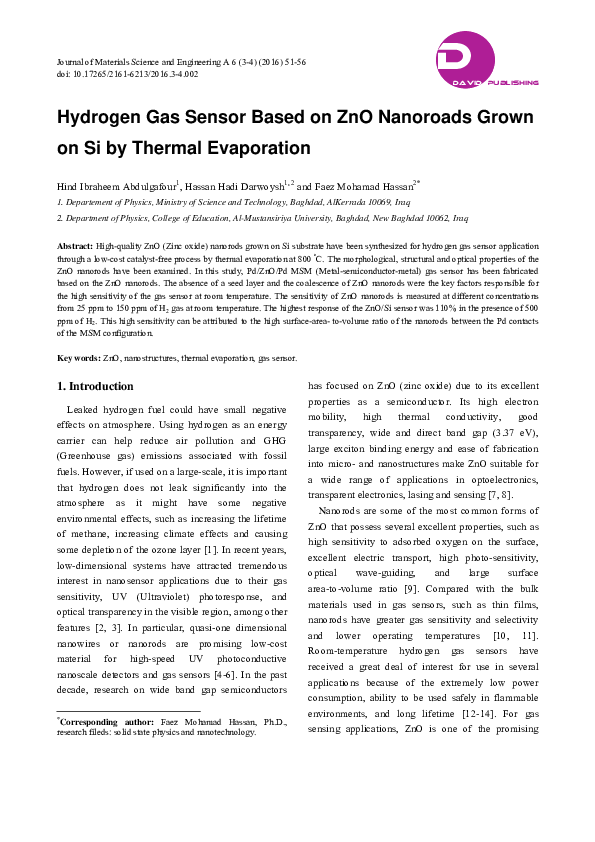 (PDF) Hydrogen Gas Sensor Based on ZnO Nanoroads Grown on Si by Thermal ...