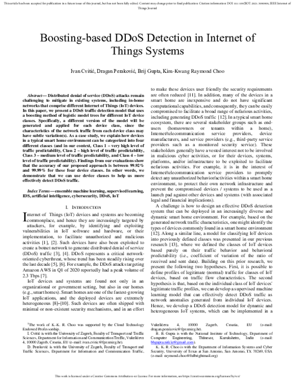 (PDF) Boosting-based DDoS Detection in Internet of Things Systems