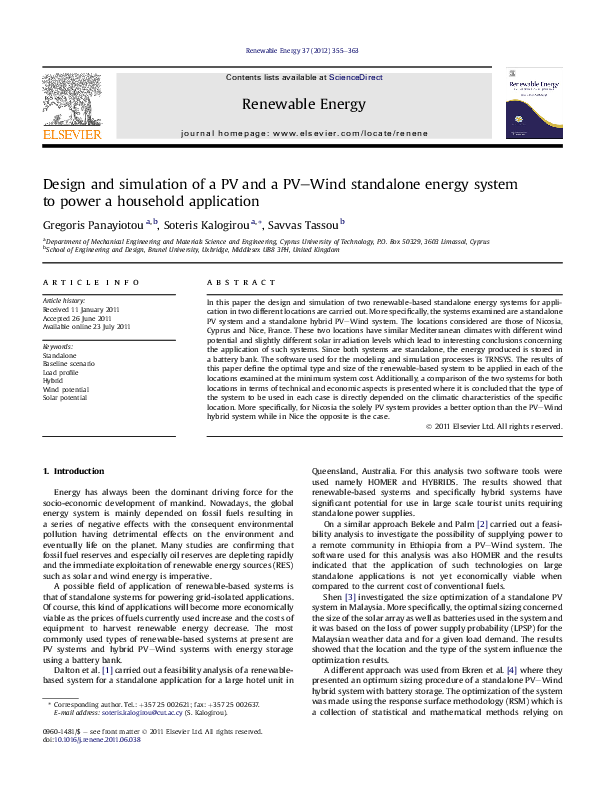 (PDF) Design and simulation of a PV and a PV–Wind standalone energy ...