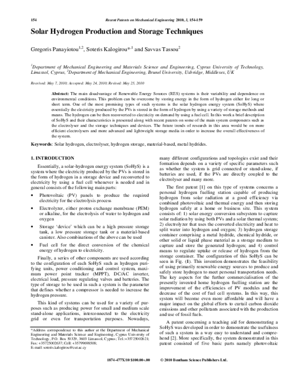 (PDF) Solar Hydrogen Production and Storage Techniques