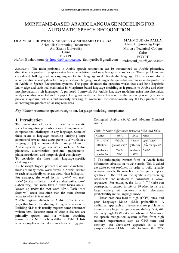 (PDF) Morphame-Based Arabic Language Modeling for Automatic Speech ...