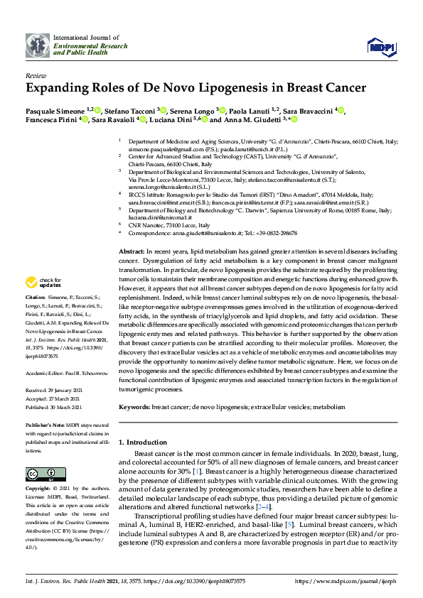 (PDF) Expanding Roles of De Novo Lipogenesis in Breast Cancer