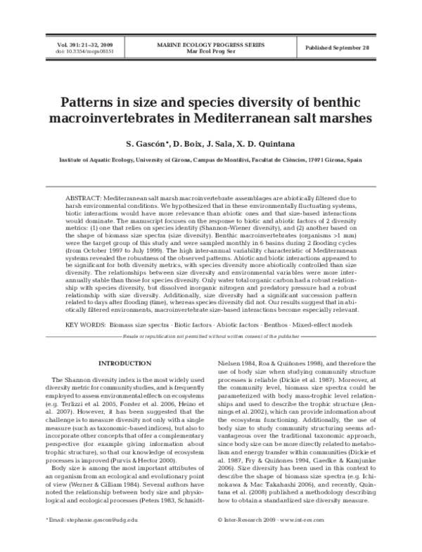 (PDF) Patterns in size and species diversity of benthic ...