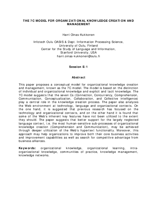 (PDF) The 7C Model for Organizational Knowledge Sharing, Learning and ...